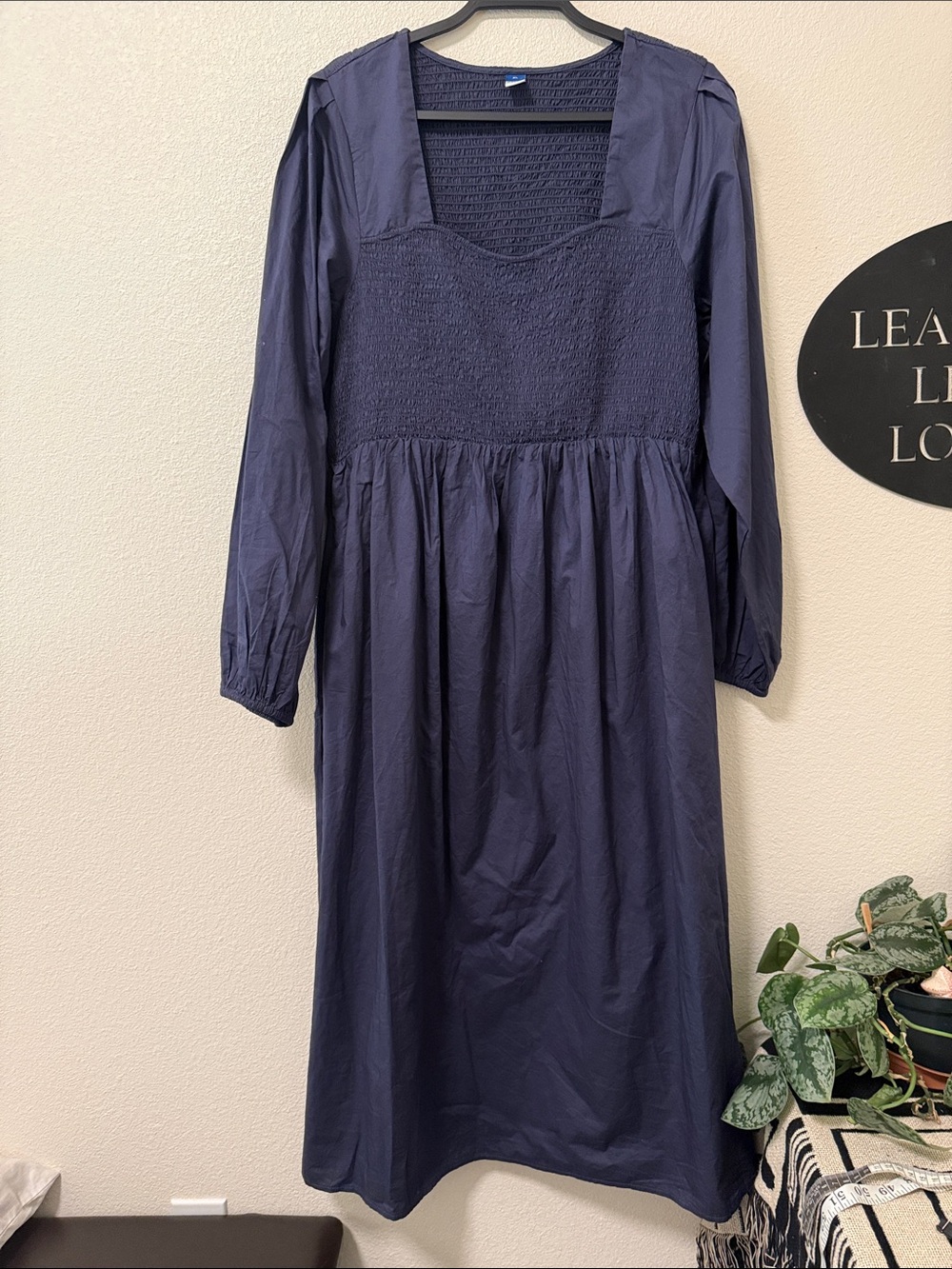 Old Navy Deep Navy Long-Sleeve Smocked Bodice Midi Dress